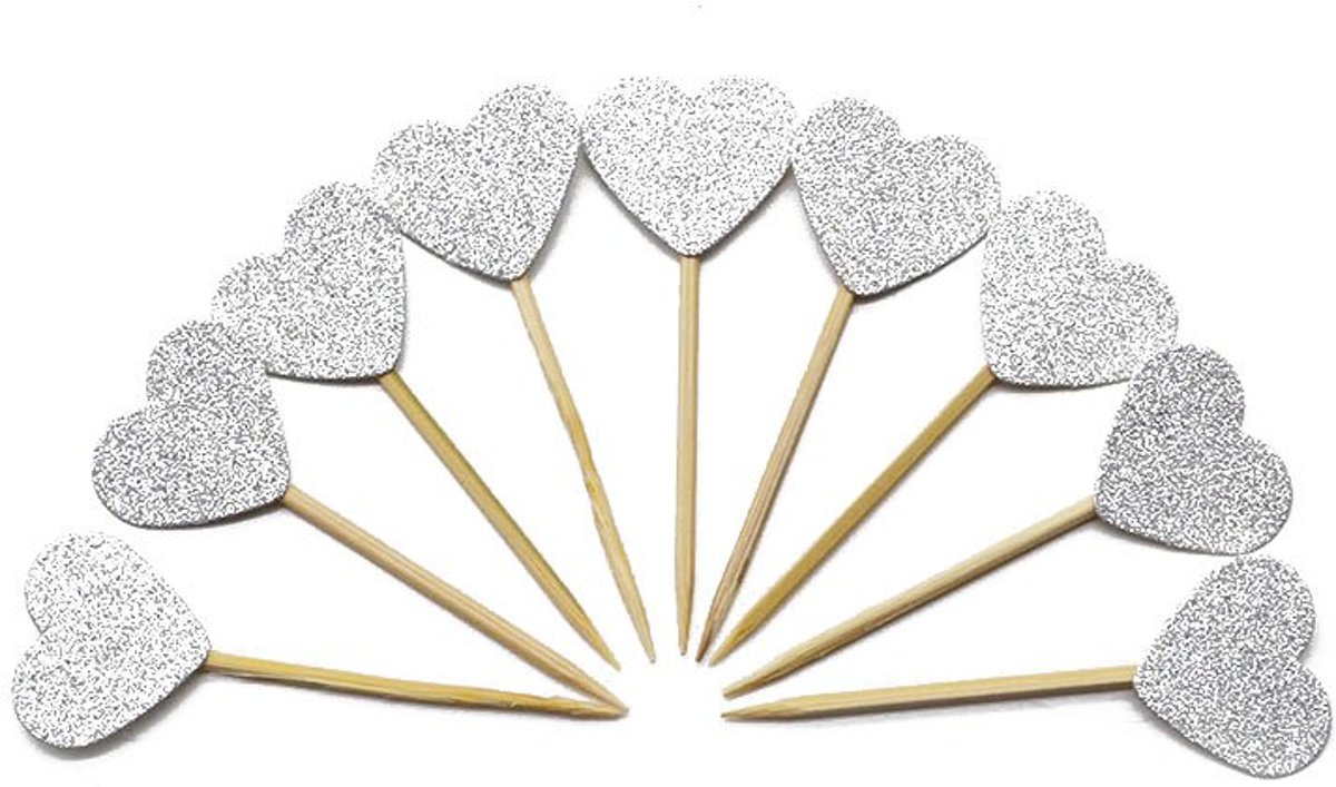 40 Stuks Cocktailprikkers Glitter Hartjes | Zilver | Verjaardag | Feest Accessoires